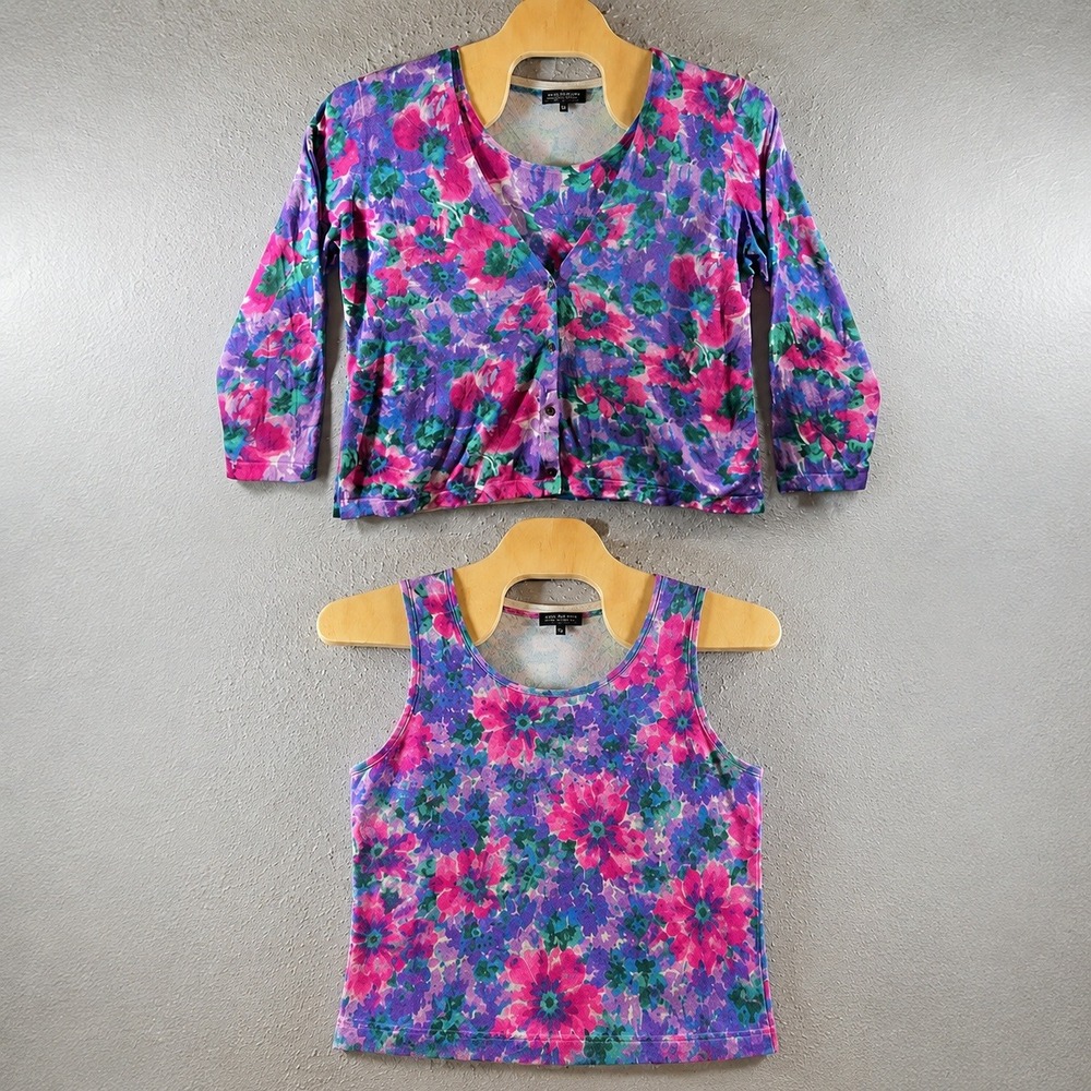 1387 |‎ Jones New York Floral Art to Wear Watercolor Twin Set Cardigan Tank 1X